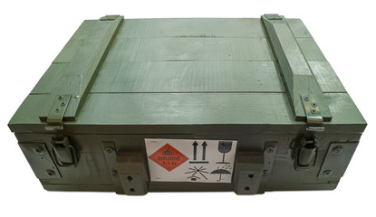 Military box with explosive isolated on white.
