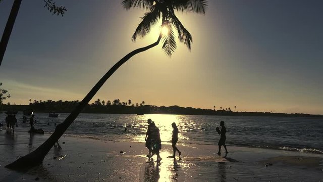 Dramatic sunset beach scene on a Brazilian beach featuring silhouettes of people walking and playing paddle ball under a tall leaning palm tree