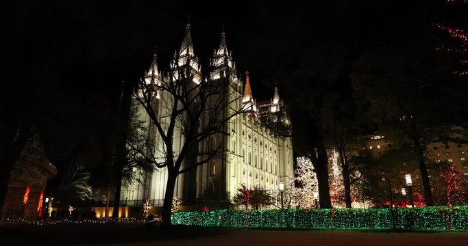 Night LDS Temple Square Christmas lights Utah. The Church of Jesus Christ of Latter-day Saints, LDS or Mormon Church. Christmas holiday season, colorful lights. Headquarters.