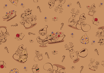 Christmas and New Year's pattern Set of flat icons like Kraft paper with colored elements. Vector illustrations.