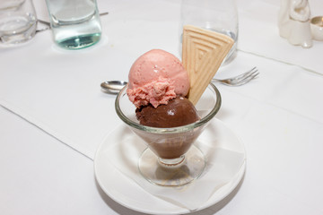 Ice cream with strawberries and chocolate