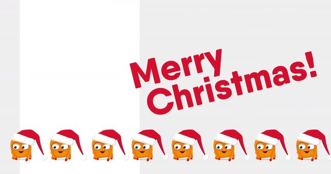 Many small Upsies' cute funny crazy Christmas dance and red Merry Christmas! sign on bright grey background. Ready to use greeting clip (space for text). 4k