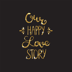 Love text. Romantic lettering with glitter. Golden sparkles