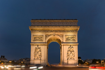 Fototapeta na wymiar Triumphal arch. Paris. France. View Place Charles de Gaulle. Famous touristic architecture landmark in summer night. Napoleon victory monument. Symbol of french glory. World historical heritage. Toned