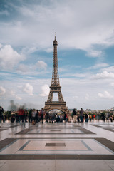 Fototapeta na wymiar Eiffel Tower. Paris. France. Famous historical landmark on the quay of a river Seine. Romantic, tourist, architecture symbol. Toned