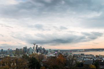 Seattle Downtown with Space Needle lit by evening light