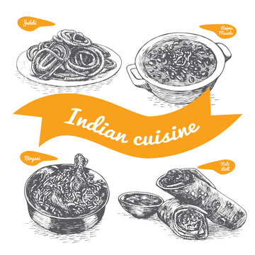 Monochrome vector illustration of Indian cuisine.