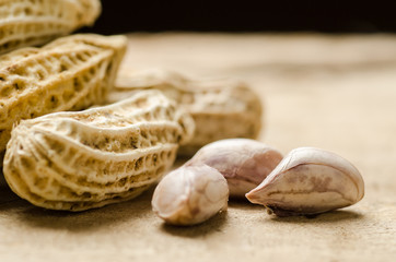 Boiled peanuts or groundnuts on wooden 