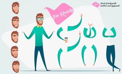 Pack of body parts, emotions and equipment. Vector character illustration in cartoon style.