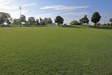 A view of a net on a vacant soccer pitch in morning light..