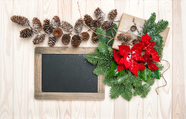 Pine branches red flowers poinsettia vintage chalboard