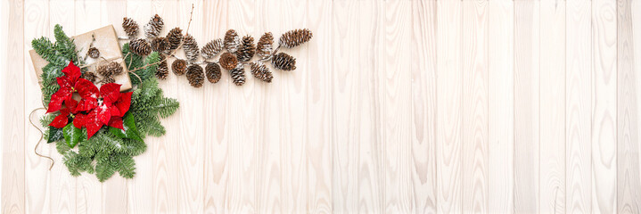 Pine branches red flowers poinsettia Christmas decoration