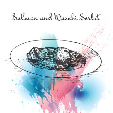 Salmon and Wasabi Sorbet watercolor effect illustration.