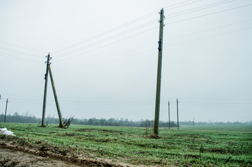 dirt highland, brown rough road in forest field and fog with electric poles / dirt road at the summer dramatic day / Cultivated land in a sunny day /