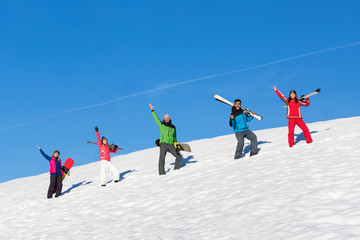 People Group With Snowboard And Ski Resort Snow Winter Mountain Cheerful Friends Extreme Sport Vacation