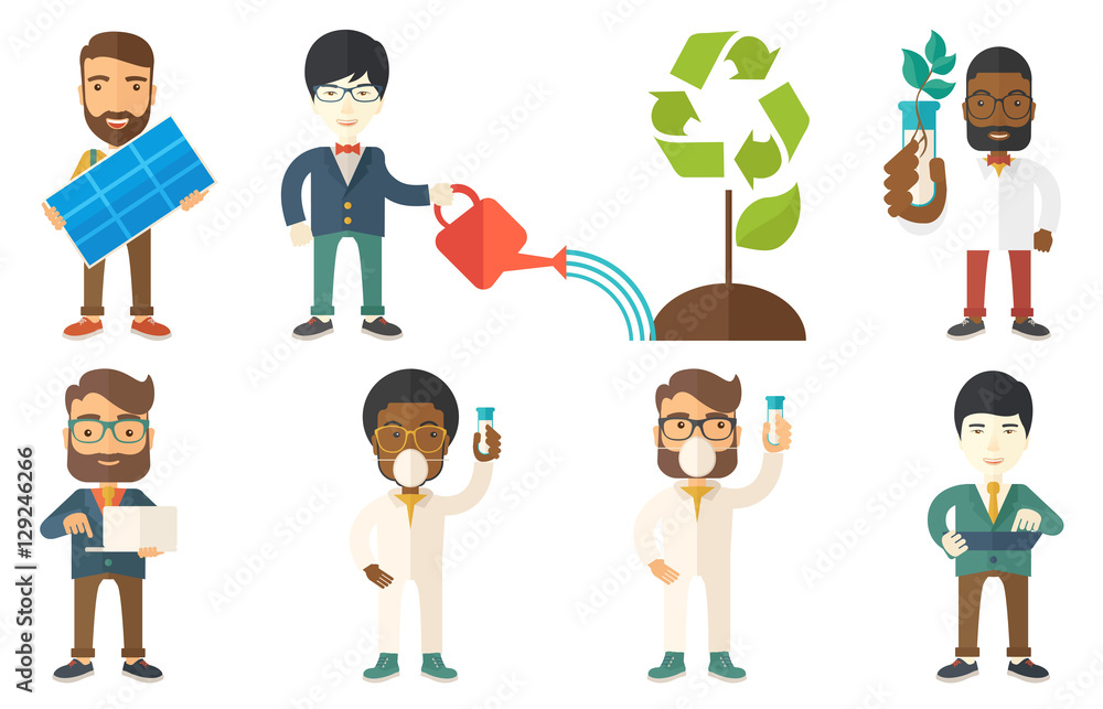 Poster vector set of characters on ecology issues.