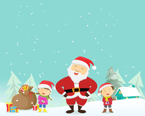 happy kids with santa and gifts in Winter season.