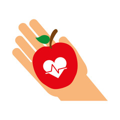 hand with apple fruit with cardio pulse icon over white background. healthy food design. vector illustration