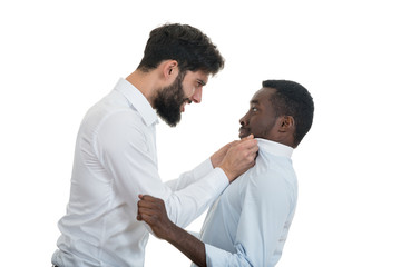 Closeup portrait of two grown mad men arguing,