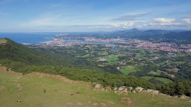 Aerial above mountains in Hondarriba, border France Spain, Basque Country, Spain