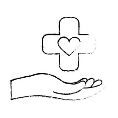 hand with medical cross with heart icon over white background. vector illustration