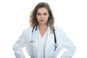 Fototapeta premium Portrait of young friendly beautiful female doctor
