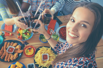 Group of people doing selfie during lunch
