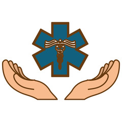 hand with caduceus medical symbol icon over white background. colorful design. vector illustration