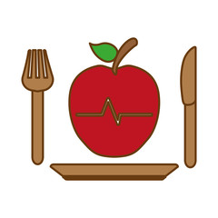 plate with apple with cardio pulse waves over white background. colorful design. vector illustration