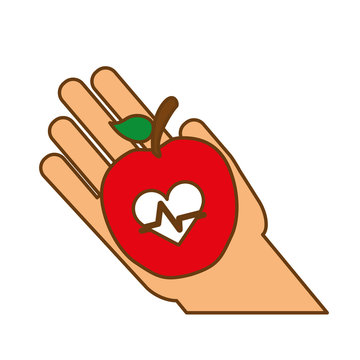hand with apple with cardio pulse waves over white background. colorful design. vector illustration