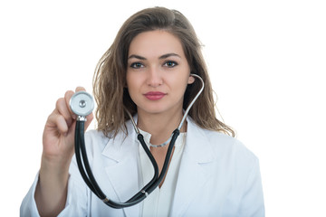 Portrait of young friendly beautiful female doctor