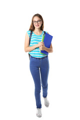 Fototapeta premium Cute teenage girl holding papers on white background