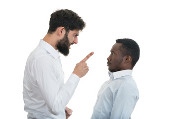 Closeup portrait of two grown mad men arguing,