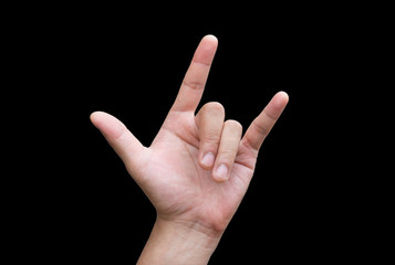 The men's hands. Make a hand symbol. I love you. On black background (with clipping path).