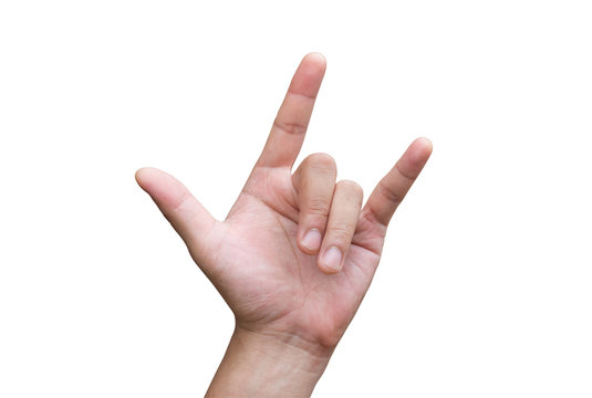 The men's hands. Make a hand symbol. I love you. On white background (with clipping path).
