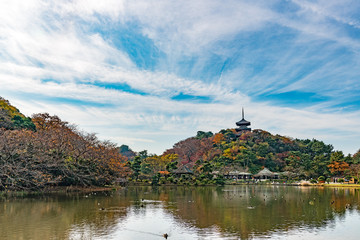 Sankei-en's main pond in Yokohama, Japan. It is opened in 1906.