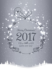 Shiny Christmas ball for Merry Christmas 2017 and New Year on holiday background with winter landscape with snowflakes, light, stars. Vector eps illustration
