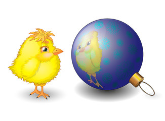 Chick sees his reflection in Christmas ball. Vector Illustration.