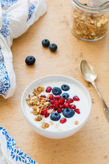 Yogurt with granola, blueberries and pomegranate in bowl on wooden table. High angle view