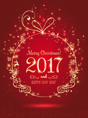 Gold Christmas ball for Merry Christmas 2017 and New Year on blue background with light, stars, snowflakes. Holiday card. Vector eps illustration