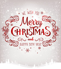 Christmas and New Year typographical on background with winter landscape with snowflakes, light, stars. Xmas card. Vector Illustration