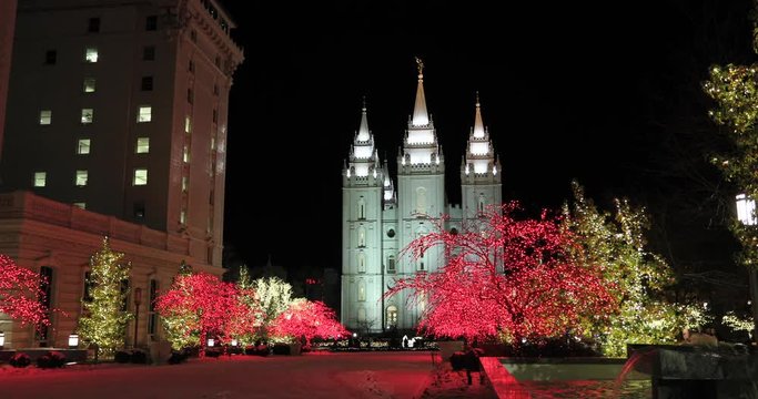 Salt Lake City Utah LDS Temple night Christmas. The Church of Jesus Christ of Latter-day Saints, LDS or Mormon Church. Christmas holiday season, colorful lights. Headquarters Christian.