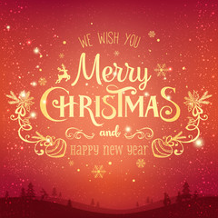 Christmas and New Year typographical on background with winter landscape with snowflakes, light, stars. Xmas card. Vector Illustration