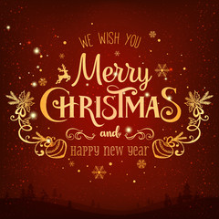 Christmas and New Year typographical on background with winter landscape with snowflakes, light, stars. Xmas card. Vector Illustration