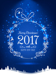 Gold Christmas ball for Merry Christmas 2017 and New Year on blue background with light, stars, snowflakes. Holiday card. Vector eps illustration
