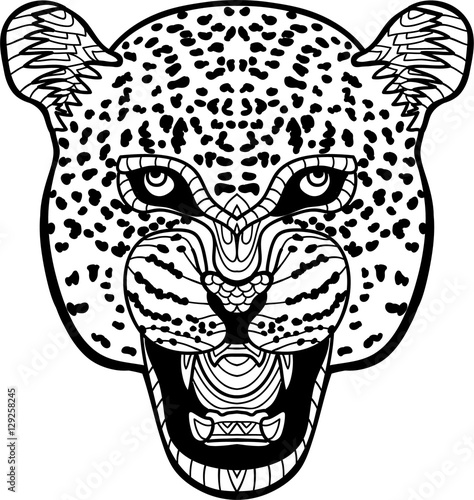 "Monochrome hand-drawn ink drawing. Painted Jaguar on white background