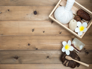 Aromatherapy  product  Spa set ,candle ,soap,coconut,  massage with white  wood background. top view,flat lay composition.