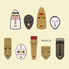 Set of African Ethnic Tribal Masks on White Background.