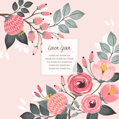 Vector illustration of a beautiful floral border with spring flowers. Light pink background