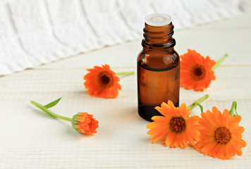 Obraz na płótnie Canvas Calendula massage oil. Botanical holistic skincare. Fresh bright marigold flowers, herbal essence dropper bottle. 